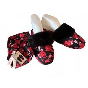 Victoria's Secret Floral Slippers with Black Faux Fur Trim - Medium 7-8